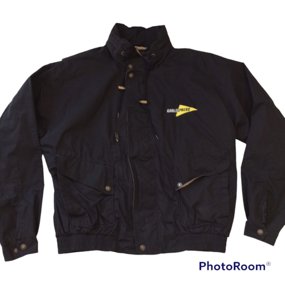 Black Bomber Jacket Optional Hood Cable Express Logo Unisex Size XL